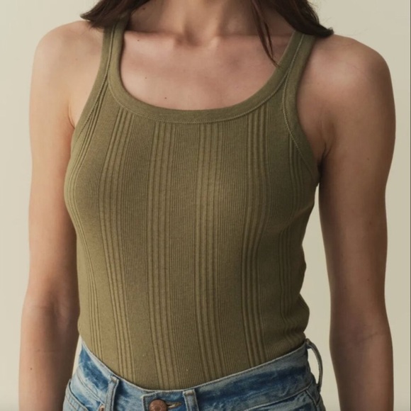 Doen Tops - Doen Seine Cotton Cashmere Ribbed Sleeveless Tank Cami Top Pasture Olive Green